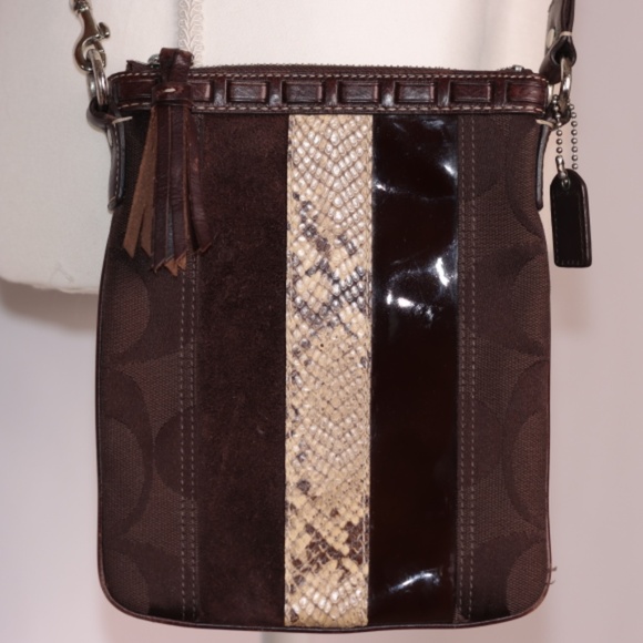 Coach E06-10266 brown sling bag w/ suede, snake skin and patent accents on front - Picture 2 of 15